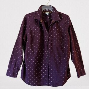 St John's Bay Black Cherry Button Down Shirt Floral Print Cotton Long Sleeves